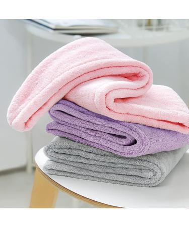 3pcs Hair Towel Wrap Set - Button Drying Towel Hat for Women with Long Hair (Pink Purple Gray) - Buy Online on SooperMarket.com