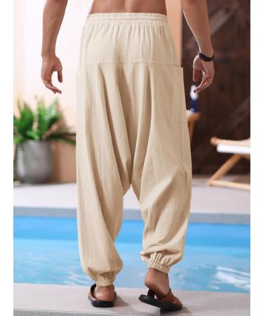 Runcati Men's Cotton Harem Pants - Baggy Hippie Casual Linen Yoga Pants for Beach - Low Crotch Trousers in Brown M - Buy Online on SooperMarket.com