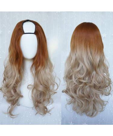 Harajuku Fashion Long Wavy Curly Fluffy U Shaped Wigs Heat Resistant Synthetic Fibre Mixed Gradient Dark Roots Hair for Girls 28inches H n