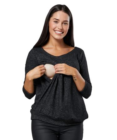 HAPPY MAMA Women's Maternity Nursing Knitted Striped Jumper Top 1060 12-14 Black Melange