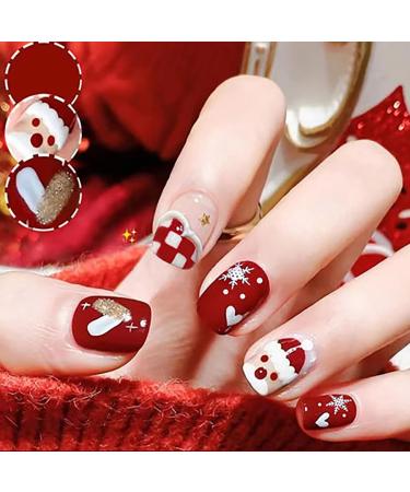Brishow Christmas False Nails Snow Press on Nails Christmas Tree Stick on Nails Antler Short Red Fake Nails 24pcs for Women and Girls (c)