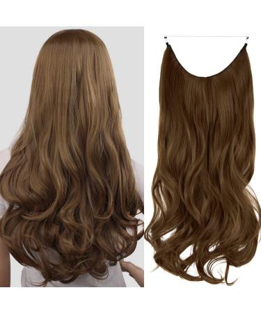 OMGREAT Ombre Halo Hair Extensions Long Wavy Curly Synthetic Hair Piece for Women Light Chestnut Brown Transparent Wire Headband Heat Friendly Fiber 20 Inch 4.4 Oz No Clip 20Inch&Curly Light Chestnut Brown