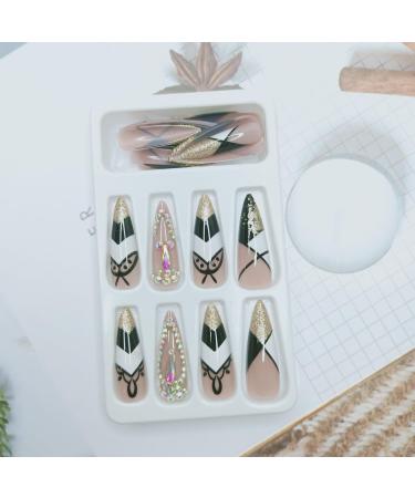 Shop Long Stiletto Press on Nails - Gold Glitter French Tip with Rhinestones | Luxury Artificial Acrylic Fake Nails for Women & Girls | Full Cover Stick-On Manicure Decorations - Buy Online on SooperMarket.com