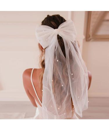 Bridal Hair Bow Veil with Pearl Barrette - Wedding & Bachelorette Party Decorations - Buy Online on SooperMarket.com
