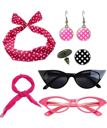 50s Accessories for Women | Headband Drop Earrings Set for 1950s Outfits Print Dangle Earrings with Vintage Hair Bands Chiffon Scarf Cat Eye Glasses Hot Pink One Size - Buy Online on SooperMarket.com
