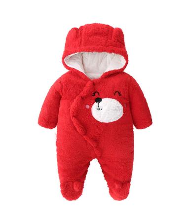 JiAmy Baby Hooded Romper Winter Jumpsuit Flannel Outfits Boys Girls Pajamas Toddler Onesie Footies Outwear 3-18 Months Red 9-12 Months
