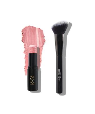 LAURA GELLER NEW YORK Italian Marble Blush Makeup Stick | Cream Finish Marbleized Blush for Cheeks, Pink Fiore and Angled Blush Brush with Black Wooden Handle & Dense Bristles for Makeup Application