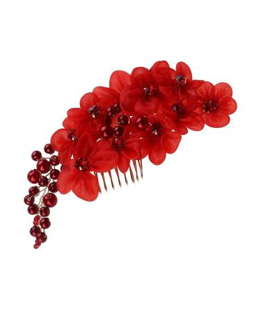 Handmade Bridal Hair Side Comb Hair Clip Headpiece with Tulle Wedding Accessories red
