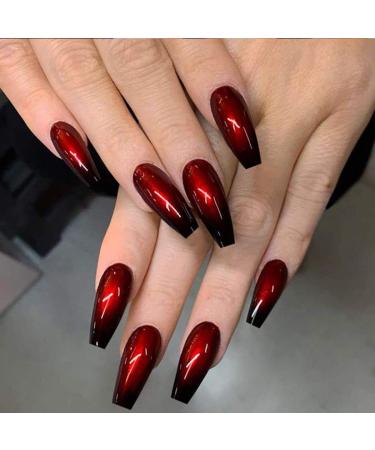 Handcess Coffin Glossy False Nail Long Black and Red Ballerina Press the Nails Gradient Acrylic Art Full Cover fake nails for women and girls (24PCs)