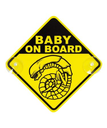 Getdigital Chestburster Baby on Board Auto -Schild - yellow children warning sign with 2 suction cups as funny fan articles to the famous Alien Film series - 16 x 16 cm