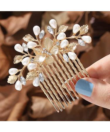Runmi Bride Wedding Hair Combs Gold Headpieces Pearl Bridal Hair Accessories Leaf Hair Piece for Women and Girls (Gold)