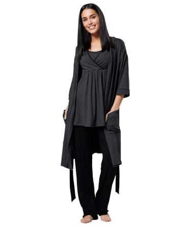 HAPPY MAMA Women's Maternity Nursing 3pcs Nightwear Set: Pants - Top - Robe 558p 10 Graphite Melange & Black