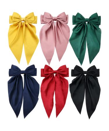 6 Pack Satin Large Hair Bows Big Oversized Giant Bow Hair Clips French Barrettes with Long Silky Ribbon Bowknot Bun Ponytail Holder Accessories for Women Lady Girl