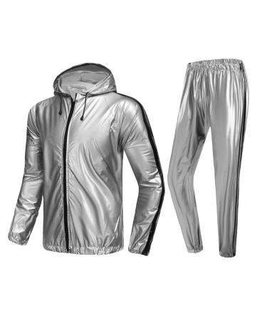 MulYeeh Weight Loss Sweat Suit Anti-Rip Heavy Duty Full-Zip Sauna Suit Fitness Exercise Gym Top Pant with Hood for Men Women Silver X-Large