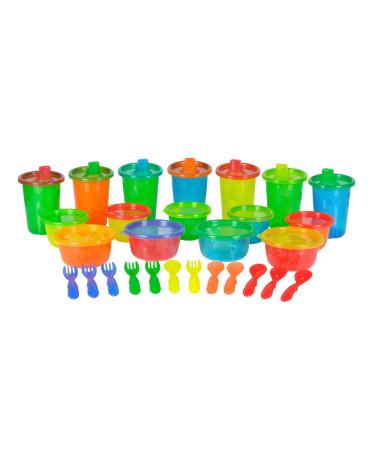 The First Years Take and Toss Toddler Feeding Set Includes Dishwasher Safe Toddler Bowls Toddler Snack Cups Toddler Forks and Spoons and Toddler Sippy Cups with Snap-On Lids 28 Count