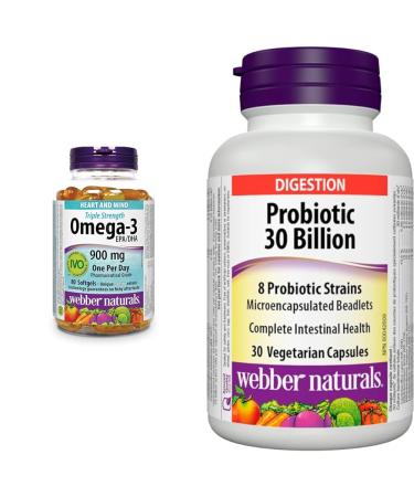 Webber Naturals Omega-3 900 mg Triple Strength & Probiotic 30 Billion Active Cells 8 Probiotic Strains 30 Capsules For Digestive Health Vegetarian 80 Omega + 30 Capsules