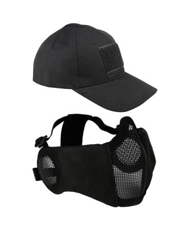 AOUTACC Foldable Airsoft Mesh Mask with Ear Protection and Adjustable Baseball Cap Set for CS/Hunting/Paintball/Shooting Black