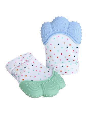 PandaEar Soothing Teething Mitten 2 Pack Pain Relief Protection Glove Stimulating Teether 0-12 Months (Blue Green)