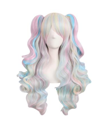 MapofBeauty Multi-color Lolita Long Curly Clip on Ponytails Cosplay Wig (Pink/Blue/Blonde) Pink/ Blue/ Blonde