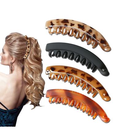 Aaiffey Banana Hair Clips for Women Classic Clincher Double Comb Clips Hair Leopard Banana Ponytail Holder Clip for Thick Hair 4 Colors 4 pcs