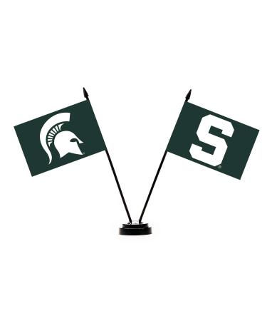 BSI PRODUCTS, INC. - Michigan State Spartans 2 Flag Desk Set - MSU Football, Basketball, & Baseball Pride - Durable 4 x 6 Flags and Plastic Base - Man Cave Accessories and Decor - Great Gift Idea