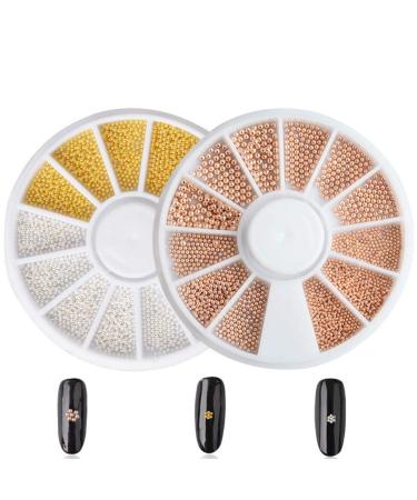 Aysekone 2 Boxes Nail Steel Pearls Nail Studs Nail Metal Caviar Pearls Fashion Gold Silver Rose Gold Nail Steel Ball Nail Tools Nail Art Decorations