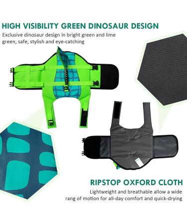 Durable Adjustable Dog Life Jacket | Ripstop Pet Safety Vest with Rescue Handle | Enhanced Buoyancy for Anxiety-Free Swimming | Small Medium Large Dogs | Green Dinosaur Design - Buy Online on SooperMarket.com