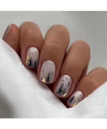 MISUD Short Square Press on Nails Squoval Fake Nails Glossy Glue on Nails Black Gradient Acrylic Nails Ink Painting Artificial Nails Bling Gold Foil Stick on False Nails with Design 24 pcs 12-MS010