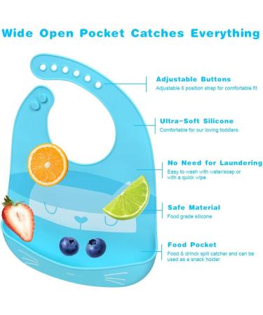 Vicloon Silicone Baby Bib 2PCS - Adjustable Waterproof Feeding Bibs with Food Catcher Pocket - Soft & Easy to Clean for Infant Toddler - Cat & Whale Blue - Buy Online on SooperMarket.com