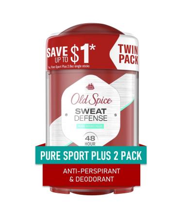 Old Spice Sweat Defense Anti-Perspirant Deodorant for Men Triple Protection Sweat & Odor Protection Soft Solid Pure Sport Plus Scent 2.6 oz (Pack of 2)
