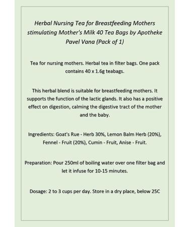 Herbal Tea for Breastfeeding Nursing Mothers stimulating Mother's Milk 40 x 1.6g Tea Bags (1) - Buy Online on SooperMarket.com