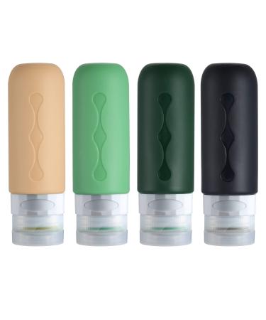 Gemice Portable Travel Bottle 4 Pack Silicone Travel Containers Set LeakProof Refillable Squeezable for Lotion Liquid Shampoos Soap and Toiletries (90ml) Green
