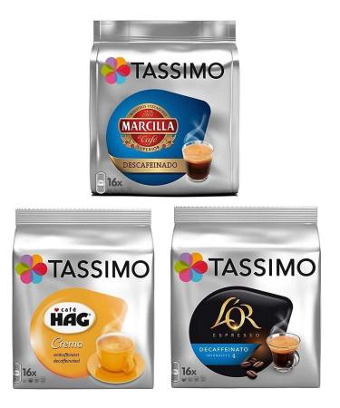 Tassimo 3 Decaf Variety Bundle - 1 x Marcilla Espresso Decaf Cafe Hag Crema Decaf LOR Decaf Espresso (All Decaffeinated - Total 48 Servings/Discs)