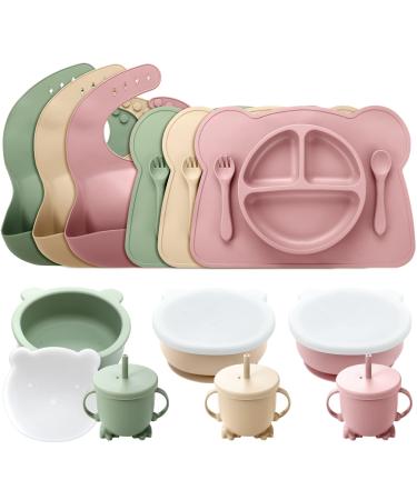 21 Pcs Silicone Baby Feeding Set Toddler Led Weaning Supplies  Suction Plate for Baby  Baby Spoon and Fork  Bowls  Straw Sippy Cup and Feeding Bib  Placemat  10+ Month (Dark Color  Fresh Style) Dark Color Fresh Style