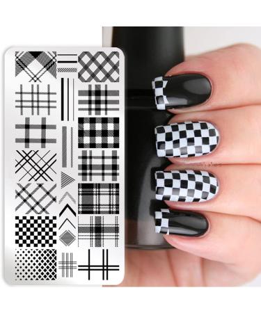 Nail Stamp Stainless Steel Nail Stamping Plate Snake Skin Image Printing Stainless Steel Stencil Nail Art Stamp Templates Animal Flower Pattern Nail Stamping Plates (Geometric Plaid Stripe Line)