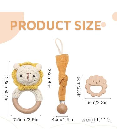 Wooden Baby Rattle - Crochet Lion Newborn Toy with Natural Wood Teething Ring - Handmade Gift for Boys and Girls - Buy Online on SooperMarket.com