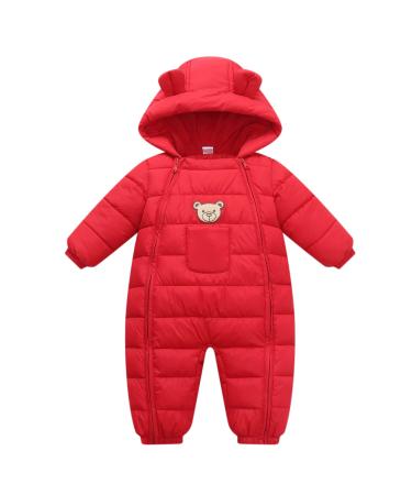 JiAmy Baby Snowsuit Hooded Romper Winter Outfits Cartoon Bear Boys Girls Jumpsuit Red 3-6 Months