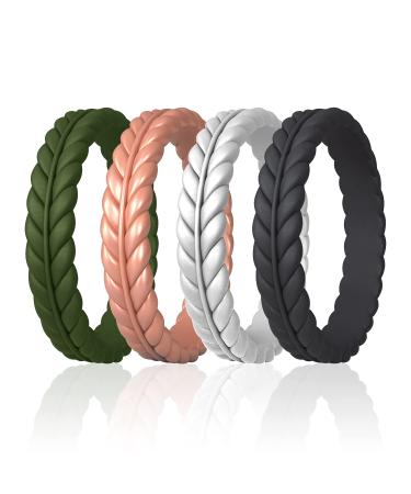 ROQ Silicone Rubber Wedding Rings for Women, Thin Lavender Leaves, Rubber Silicone Wedding Band, Bridal Jewelry Set, Anniversary Rings, Promise Ring, Multi Packs, Multi Colors Dark Green, Rose Gold, Silver, Black 9.5 - 10 (19.8mm)