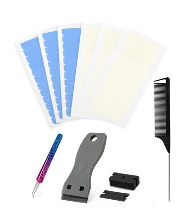 EHDIS Hair Extension Tape Tabs Set - 3 Sheets Double Sided and 3 Sheet Single Side Adhesive Hair Extension Tapes with Scraper Hair Comb Tweezers