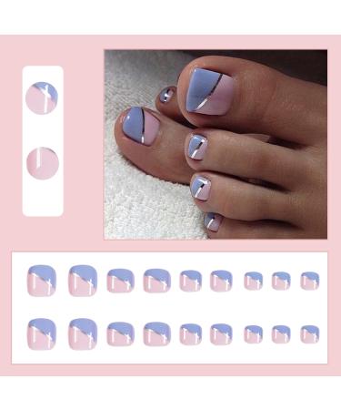 24Pcs French Square False Toenails Glossy Press on Toenails Blue & Pink Stick on Toenails Short Acrylic Full Cover Artificial Summer Fake Toenails for Women and Girls Daily Decorations - Buy Online on SooperMarket.com