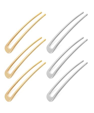 6 Pieces Gold French Hair Pin Simple French U Shaped Hair Pins Metal Hair Pin 4 Inch Large French Hair Pin Gold Silver Hair Fork Stick 2 Prong Updo Chignon Hair Pin for Women Buns Hair Accessories