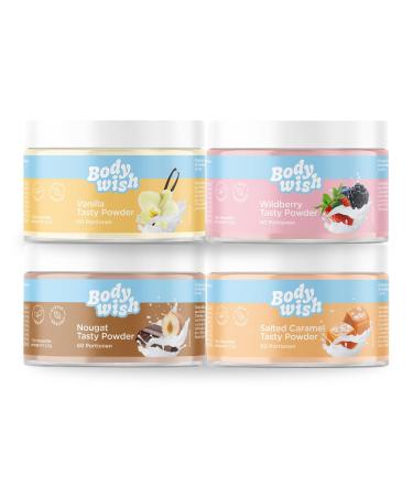 Bodywish - Mixed Tasty Powder - low -calorie taste powder |Natural taste - sugar substitute nutrition |Vanilla - Wildberry - Nougat - Salted Caramel |4 x 150gr - Mixed aroma mixed 4 x 150 gr (vanilla - Caramel - Wildberry - Nugat)