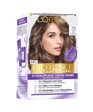 L'Or al Paris Permanent hair color with an ultra -cool color result 100% gray hair cover set with coloring shampoo and care cream Excellence Cool cream No. 7.11 Ultra Cool Middle Blond (Blond) Ultra Cool Middle Blond 258 g (1 Pack)