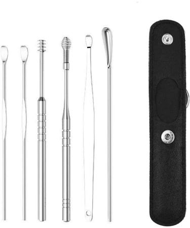 SOMROZ The Most Professional Ear Cleaning Master in 2023 - Ear Cleaner Tool Set Earwax Cleaning Tool 6-Piece Set with PU Leather Spiral Design Stainless Steel Earwax Removal Kit Portable Keychain Sc Black