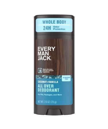 Every Man Jack All Over Deodorant - 24 Hour Whole Body Odor Protection - Aluminum Free - Coconut + Vanilla Scent 2.6 oz (1 Pack) Coconut + Vanilla 2.6 oz (Pack of 1)