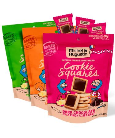 Michel et Augustin Gourmet Chocolate Cookie Squares | Individually Wrapped European Cookies | 3-Bag Variety Pack | 15 French Shortbread Cookies per Bag