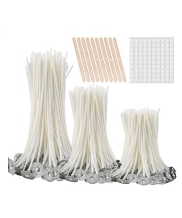 Buluker300Pcs Functional Smokeless Candle Wicks,100pcs Wicks Sticker, Pre-Waxed Cotton Core Wicks with Metal Sustainer Tabs for Pillar Candle Making and Candle DIY, 9cm/3.5in,15cm/6in,20cm/8in