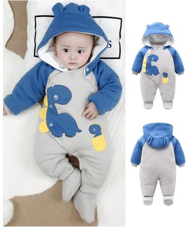 Baby Snowsuit Winter Romper | Cotton Jumpsuit with Detachable Hood | Cartoon Dinosaur Design | 6-9 Months Blue - Buy Online on SooperMarket.com