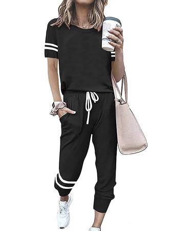 PRETTYGARDEN Womens Two Piece Outfits Striped Short Sleeve Pullover and Long Pants Tracksuit Pajama Lounge Jogger Sets Black X-Large