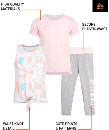 RBX Girls' Pink Be Strong Activewear Set - Short Sleeve Performance T-Shirt, Tank Top, and Capri Leggings (4-12) - Buy Online on SooperMarket.com